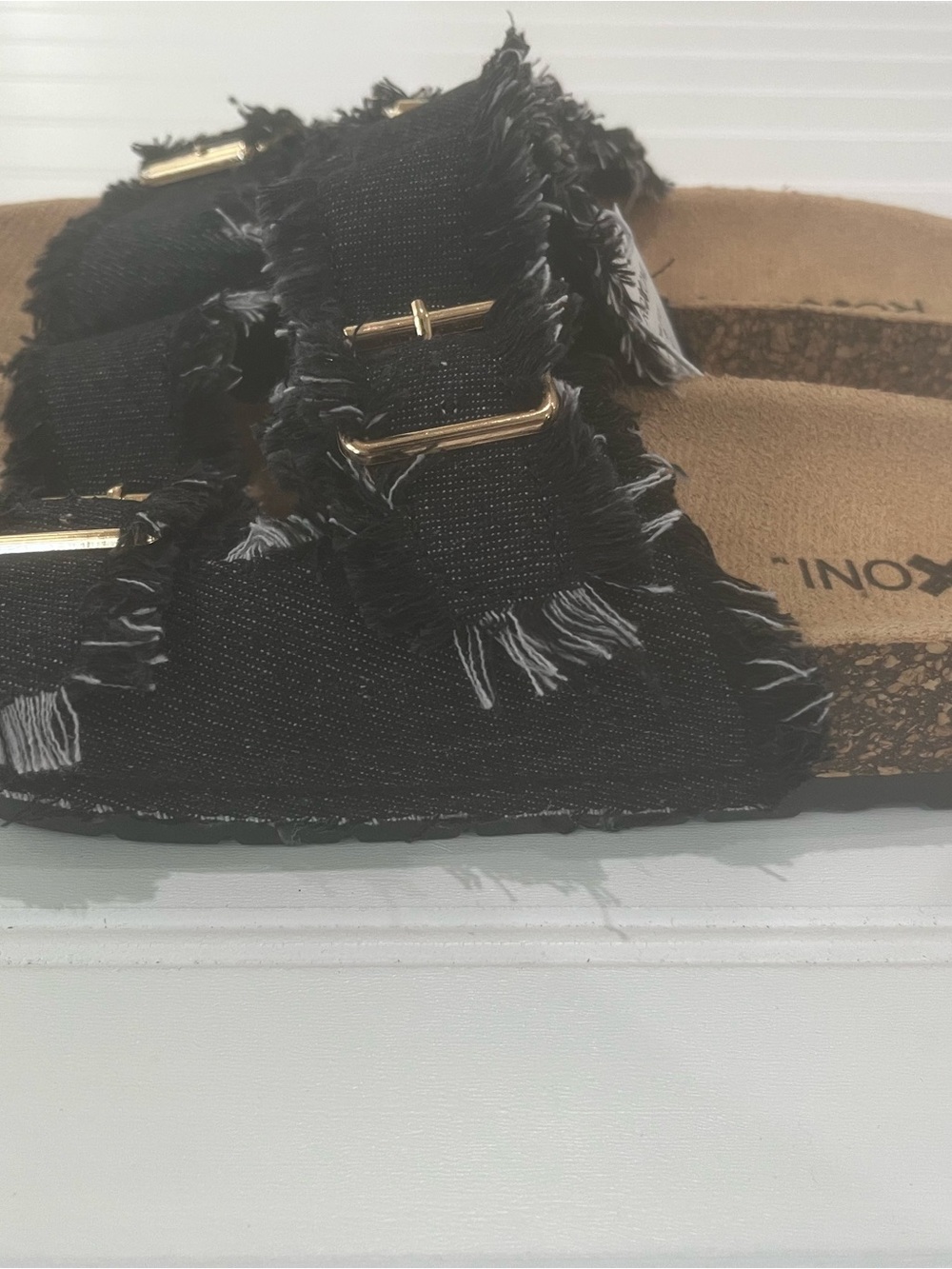 Roxoni Black Frayed Double-Buckle Mule Sandal HD, Size 8